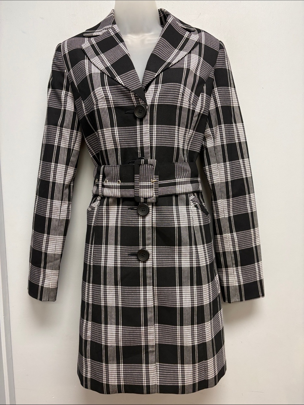 Dynamite Black White Plaid Belted Trench Coat Jacket Size 5